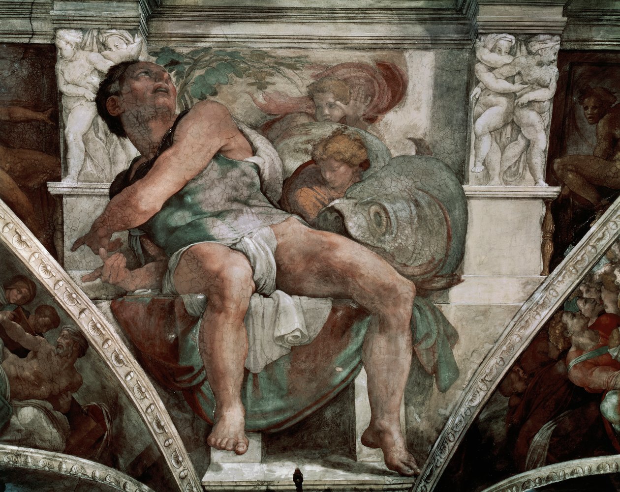 Profeten Jonas, fra Det Sixtinske Kapel, 1538-41 (før-restaurering) af Michelangelo Buonarroti