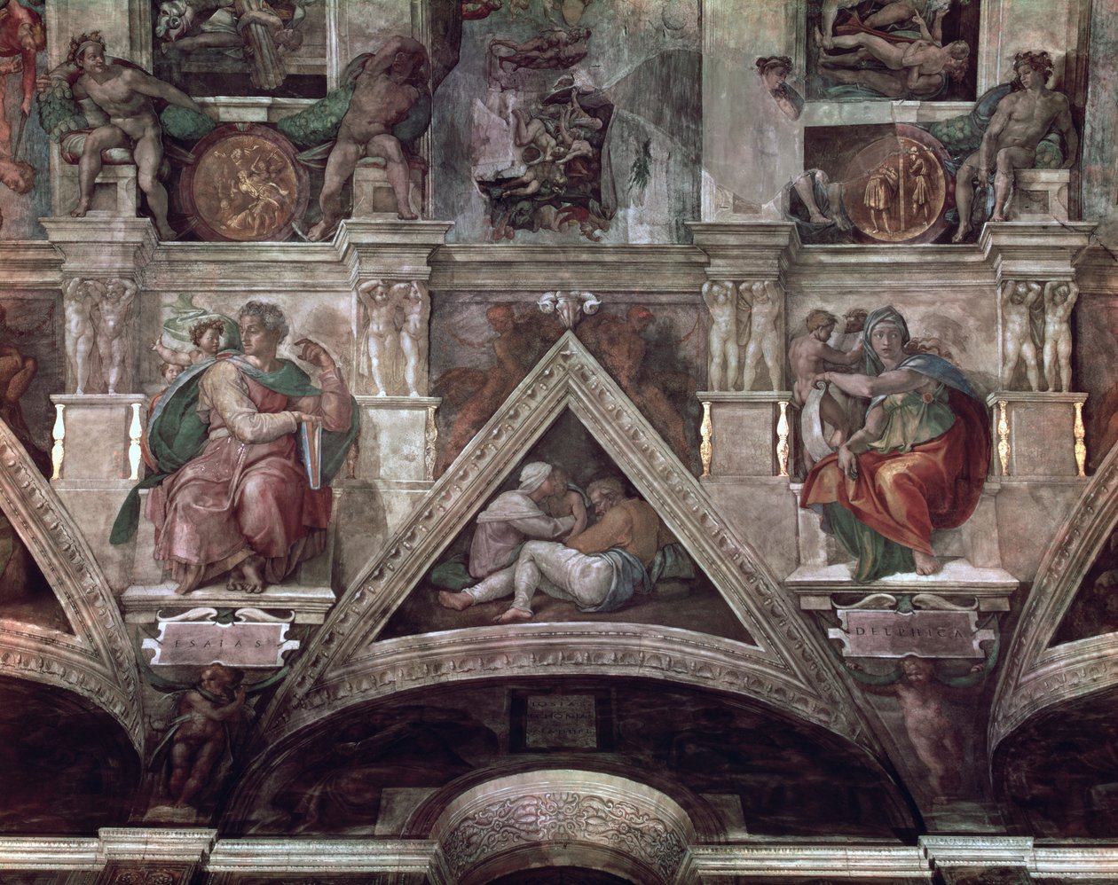Det sixtinske kapel loft (1508-12): Profeten Esajas og den delfiske sibylle (før restaurering) af Michelangelo Buonarroti