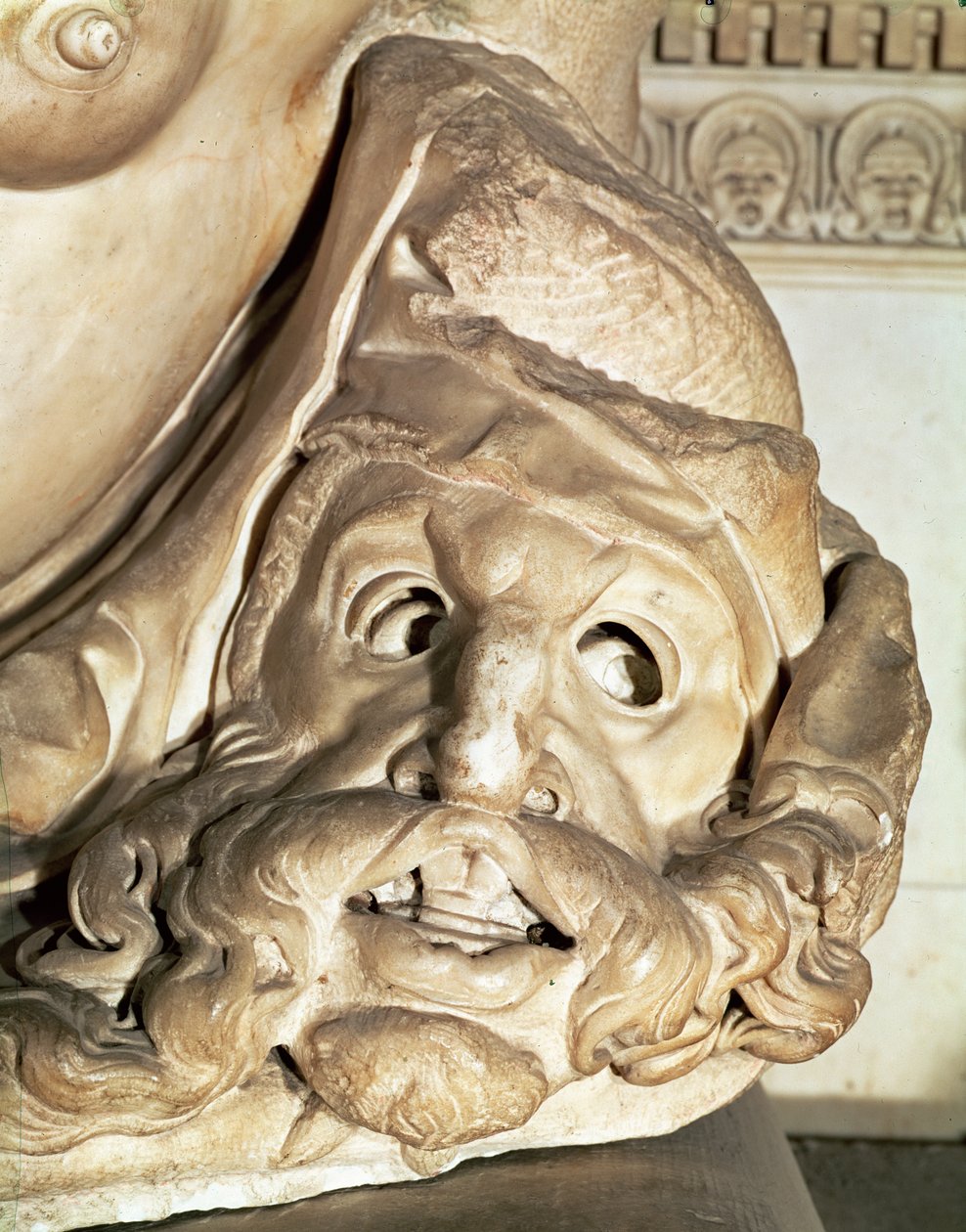 Giuliano de Medicis grav 1478-1516 detalje af den tragiske maske under nattens arm, 1520-34 marmor af Michelangelo Buonarroti