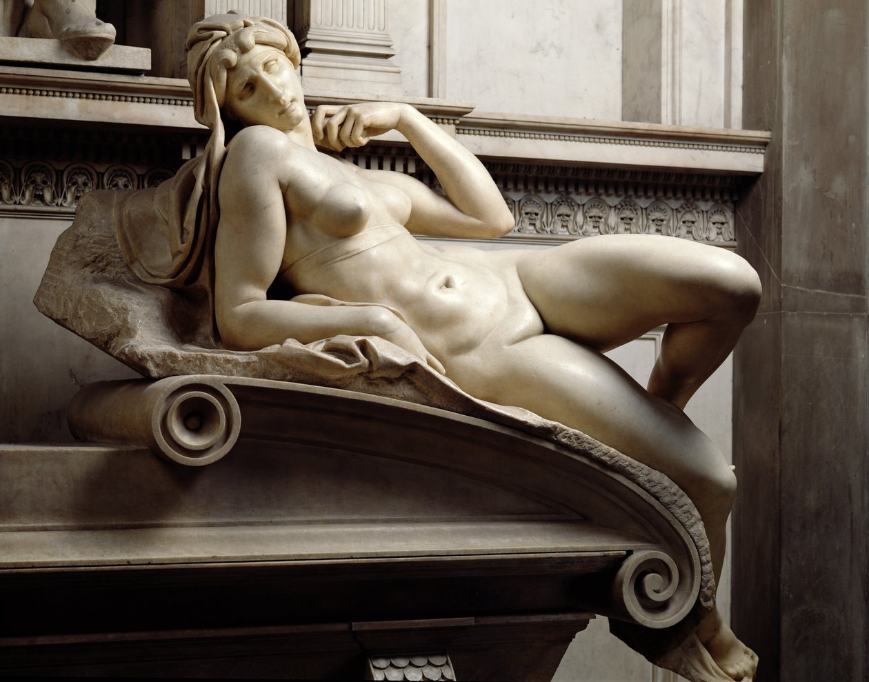 Lorenzo de Medicis grav 1449-92 detalje af Dawn, 1520-24 marmor af Michelangelo Buonarroti