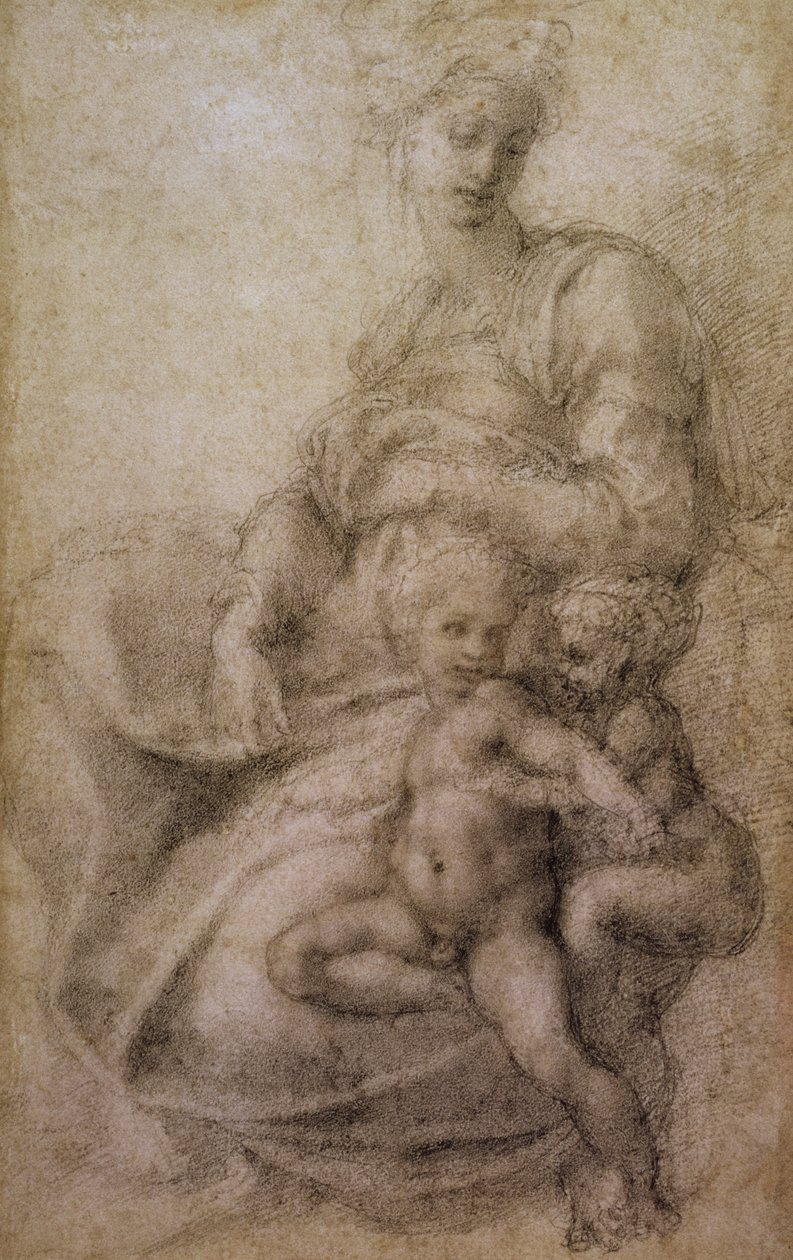 Jomfruen og barnet med den spæde baptist, ca. 1530 (sort kridt på papir) af Michelangelo Buonarroti