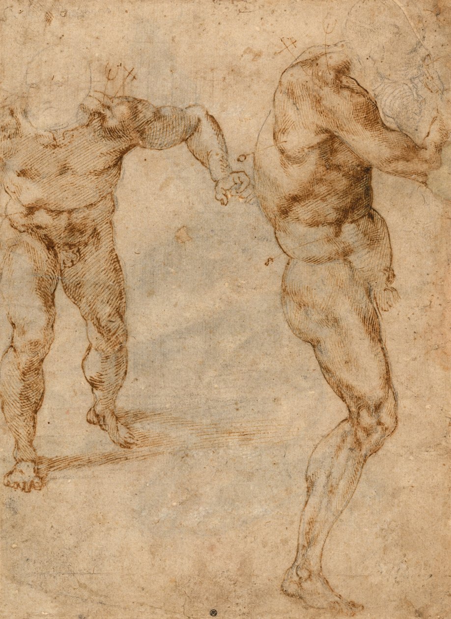 To nøgenstudier af en mand, der stormer fremad og en anden, der drejer til højre (verso), c. 1504 af Michelangelo Buonarroti