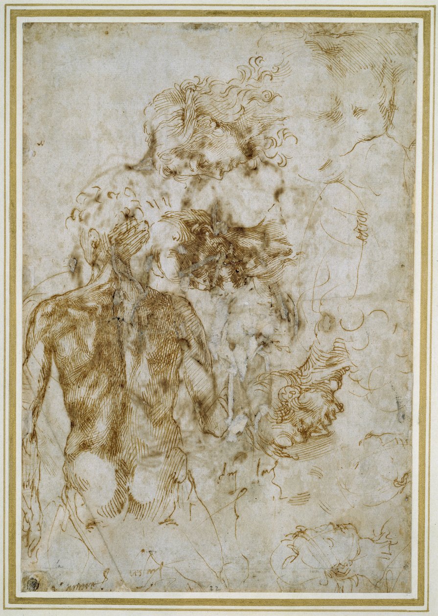 Forskellige figurstudier (pen og brunt blæk på råhvidt papir) af Michelangelo Buonarroti