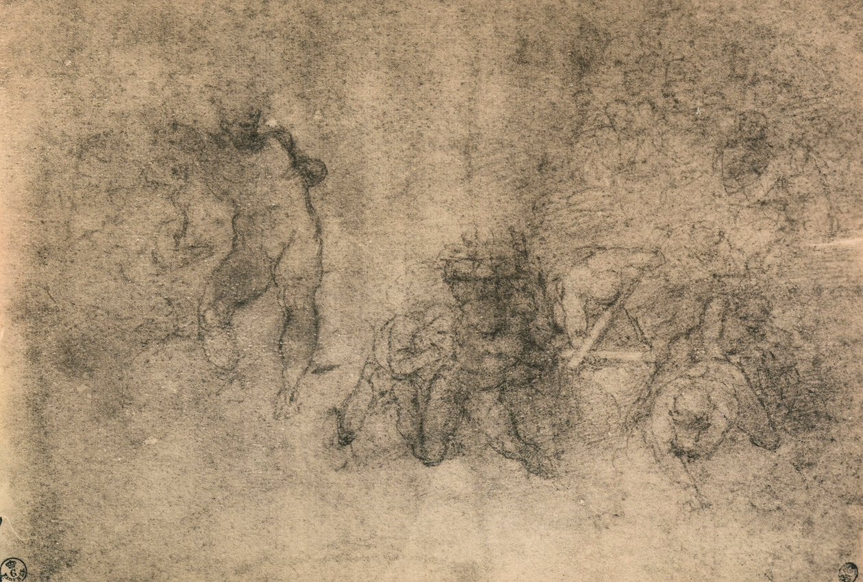 Forskellige undersøgelser af en mandlig nøgen, Michelangelo. Kabinet for tegninger og tryk, Uffizi Gallery, Firenze af Michelangelo Buonarroti