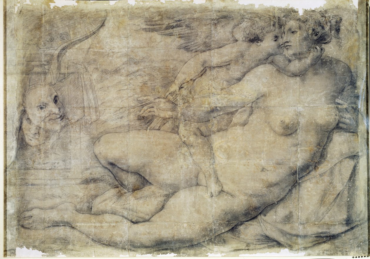 Venus med Amor (kul på papir) af Michelangelo Buonarroti