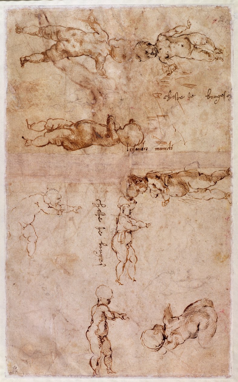 W.4v Side med skitser af babyer eller keruber (blæk på papir) af Michelangelo Buonarroti