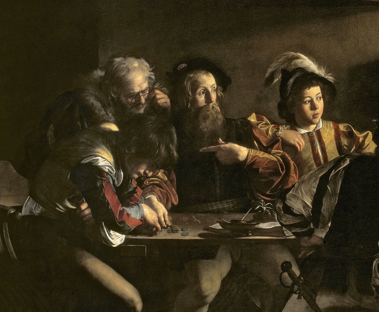 The Calling of St. Matthew, ca. 1598-1601 olie på panel detalje af 828704 af Michelangelo Merisi Caravaggio
