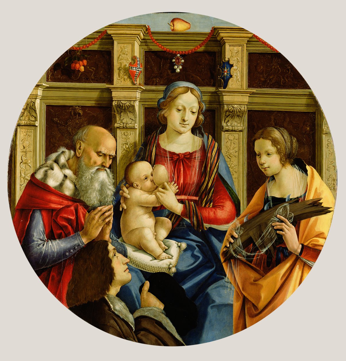 Madonna og barn med en mandlig helgen, Catherine af Alexandria og en donor, ca. 1500 (tempera på panel) af Michelangelo di Pietro Membrini
