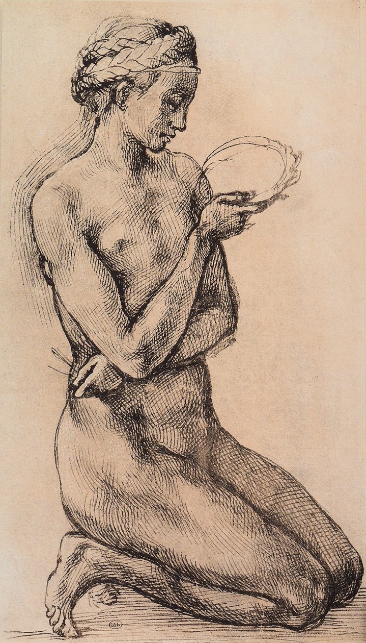 Knælende kvinde; tegning fra Leonardos skole. Louvre, Paris af Michelangelo school of Buanorroti