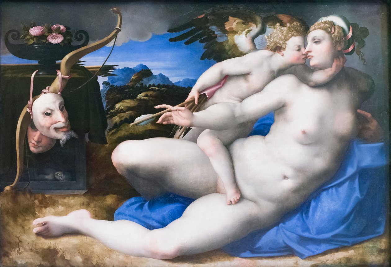 Venus og Amor, efter Michelangelo Buonarroti (olie på panel) af Michelangelo (after) Buonarroti