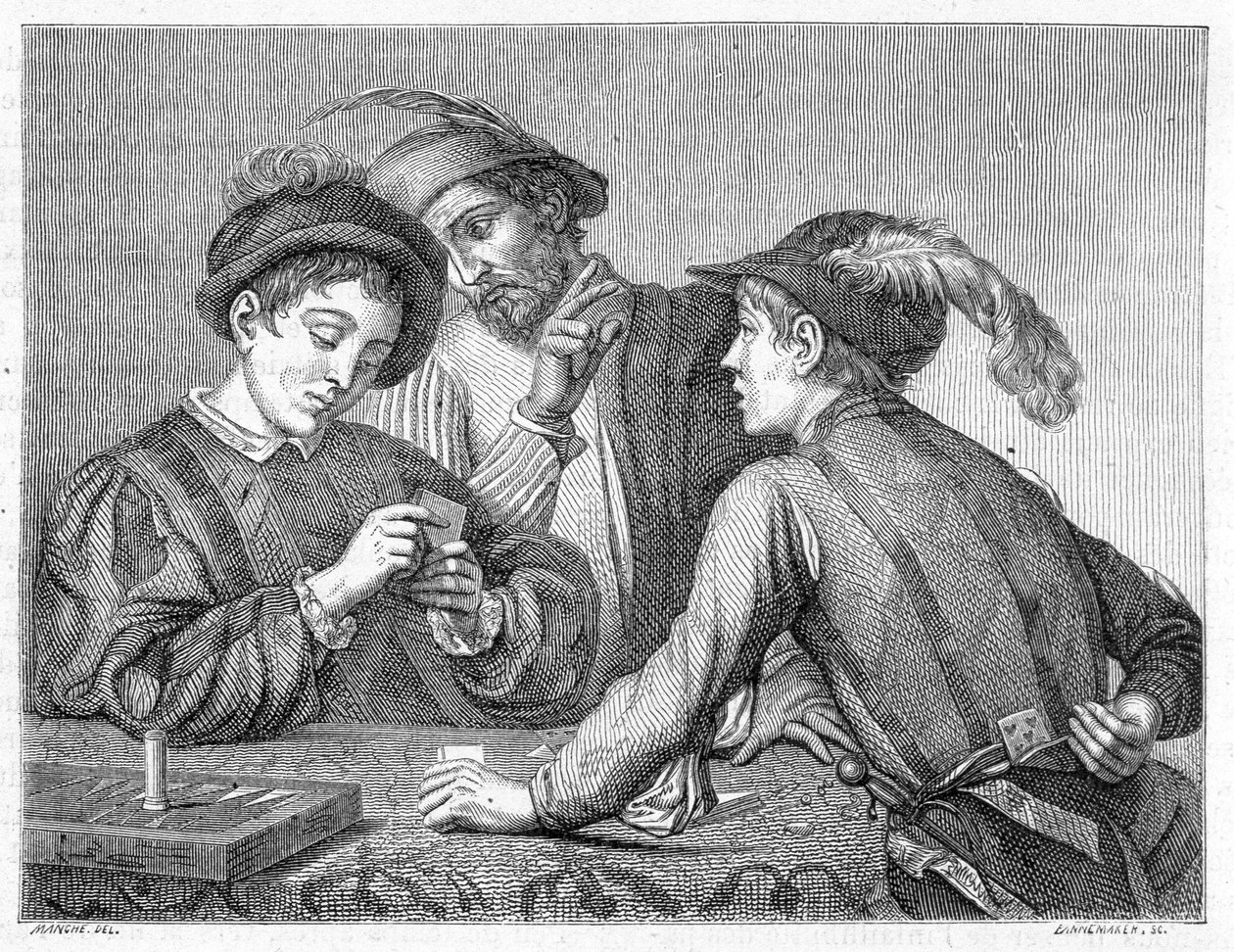 Snyderne. Gravering fra det 19. århundrede, der forestiller Caravaggios (il Caravaggio) arbejde omkring 1596. af Michelangelo (after) Caravaggio