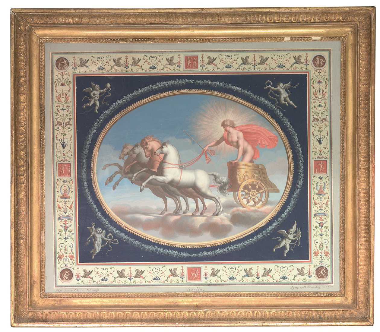 Et af fire dekorative paneler med Apollon, Mars, Venus og Merkur i vogne, omgivet af pompejanske grotesker (bodycolour over ætsning på papir) af Michelangelo (studio of) Maestri