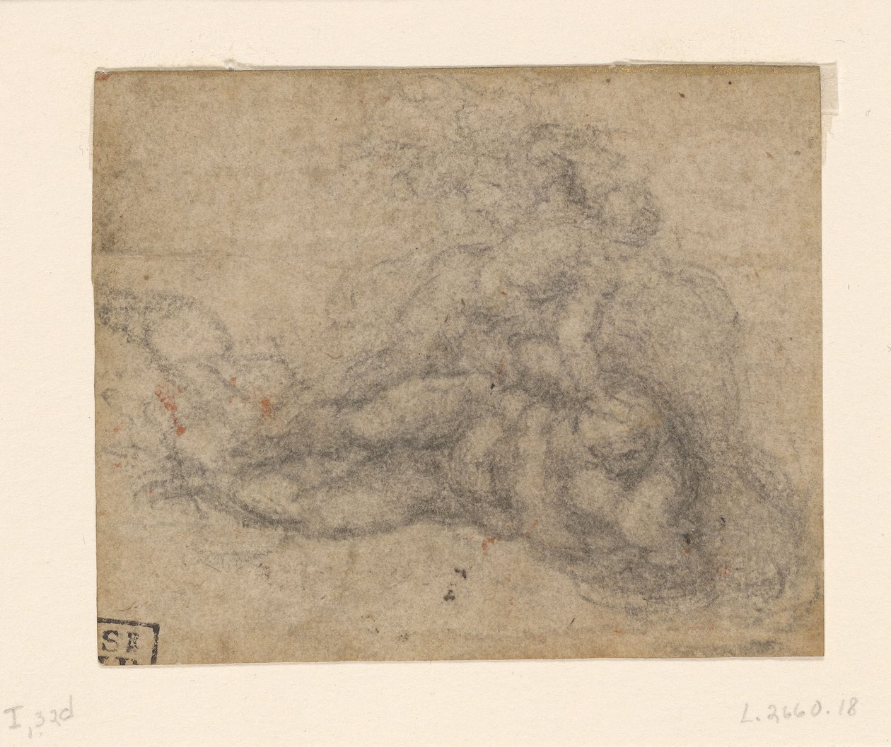 Michelangelo - David og Goliat. Verso-linierede arkitektoniske studier, ca. 1550-1556, I, 32d af Michelangelo