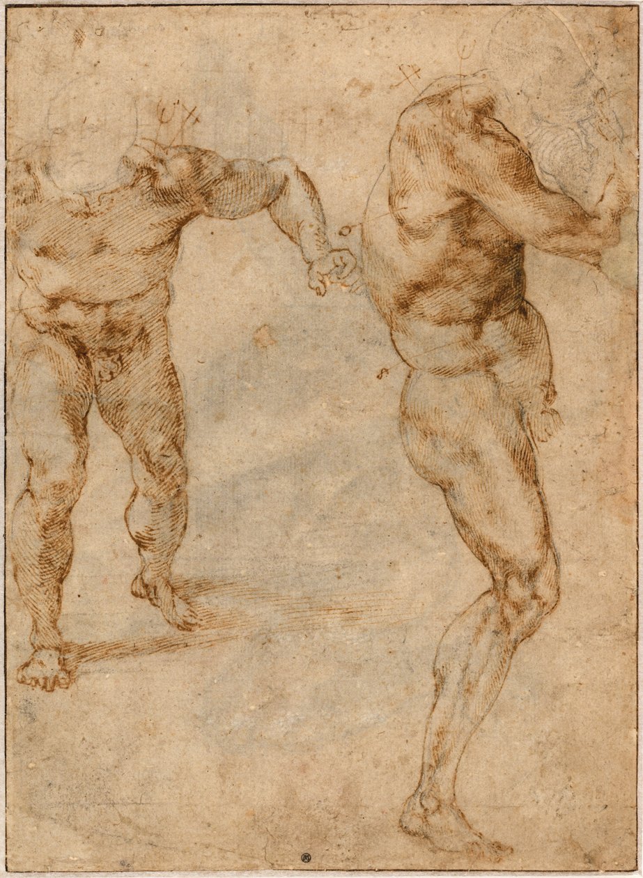 To nøgenstudier af en mand, der stormer frem, og en anden, der drejer til højre af Michelangelo