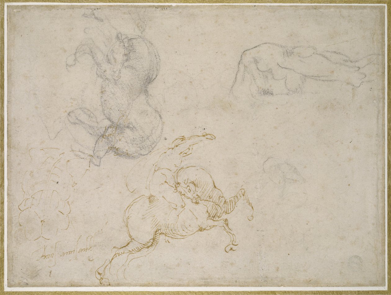 En rytter, der oplader og andre undersøgelser (pen og brunt blæk med og over sort kridt på råhvidt papir) af Michelangelo Buonarroti