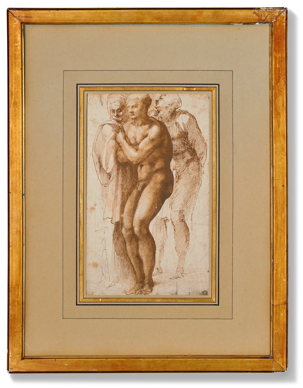 En nøgen mand (efter Masaccio) og to figurer bag ham (pen og to nuancer af brunt blæk, brun lavering, vandmærke) af Michelangelo Buonarroti