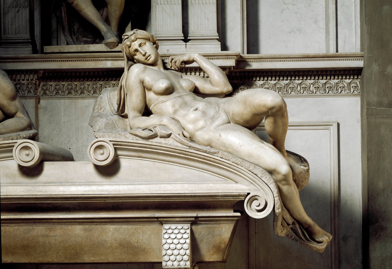Allegori af Aurora. Graven af Laurent II af Medicis. Marmorskulptur 1531 af Michelangelo Buonarroti