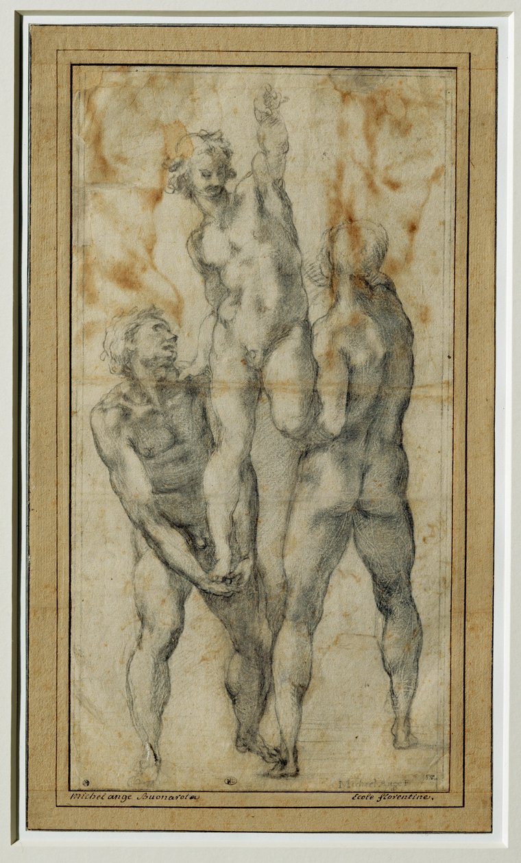 To nøgne mænd løfter en tredje, ca. 1502-06 ... af Michelangelo Buonarroti