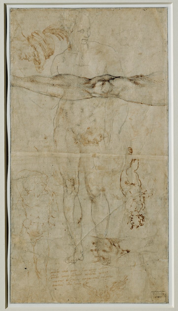Forskellige studier af figurer, indskrift baseret på en sonet af Petrarca, ca. 1506 ... af Michelangelo Buonarroti