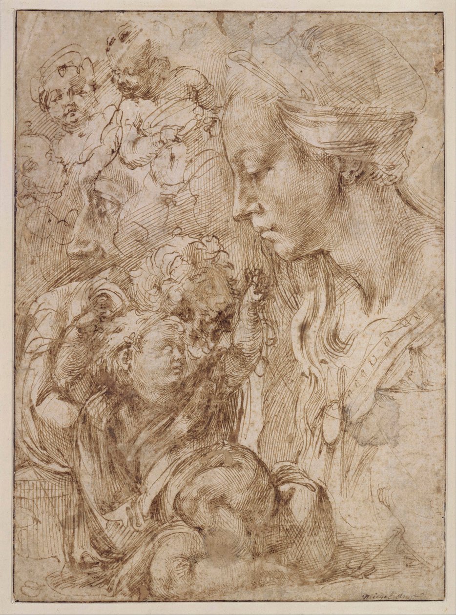 "Studier for en hellig familie med Johannes Døberen som barn" (Studier for en hellig familie med Johannes Døberen som barn) Tegning af Michelangelo Buonarroti (1475-1564) - 1505 - Pen, pensel, indisk blæk på papir Dim 28, 7x20 ,9 cm Staatliche Museen, Berl af Michelangelo Buonarroti
