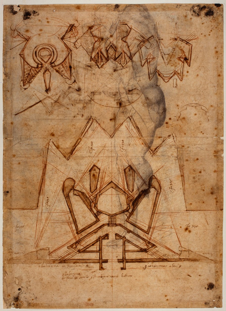 Fæstningsværker til Porta al Prato, figurskitse af Michelangelo Buonarroti