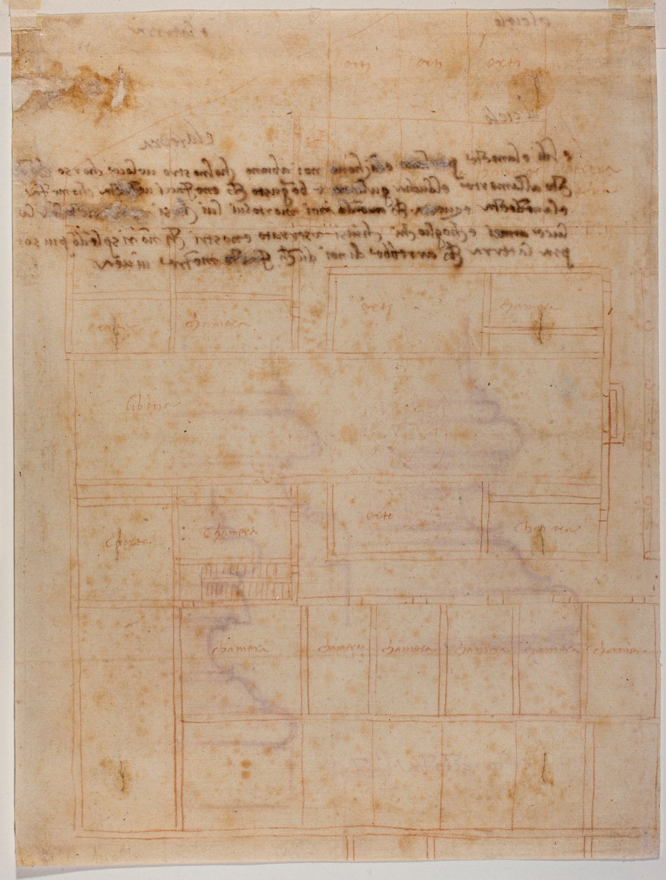 Fragmentarisk plan af San Lorenzo-klosteret, håndskrevne inskriptioner af Michelangelo Buonarroti