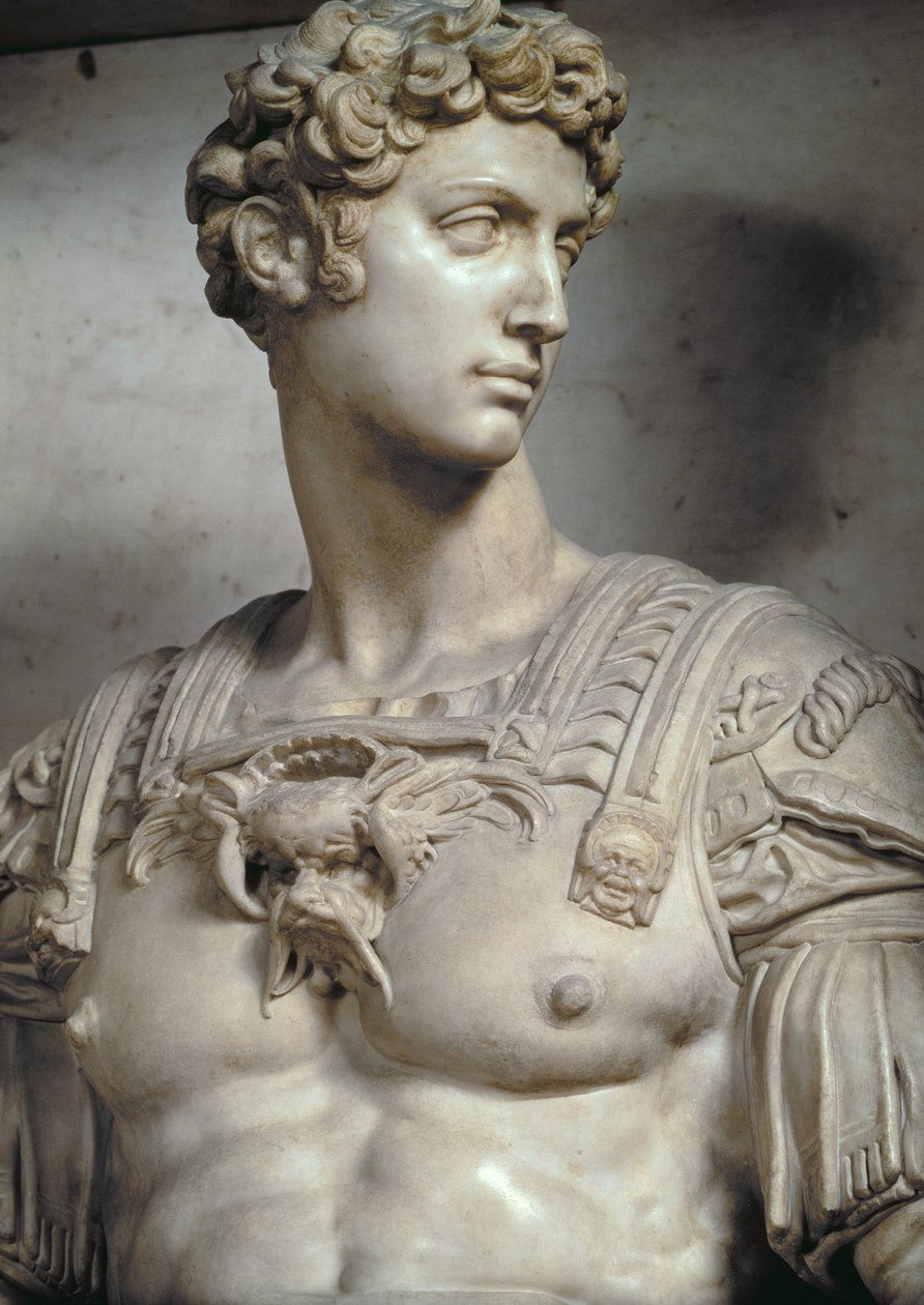Giuliano de Medici, hertug af Nemours 1479-1516, detalje af figur fra hans grav af Michelangelo Buonarroti 1475-1564, 1533 marmordetalje af 85089 & 52674 af Michelangelo Buonarroti