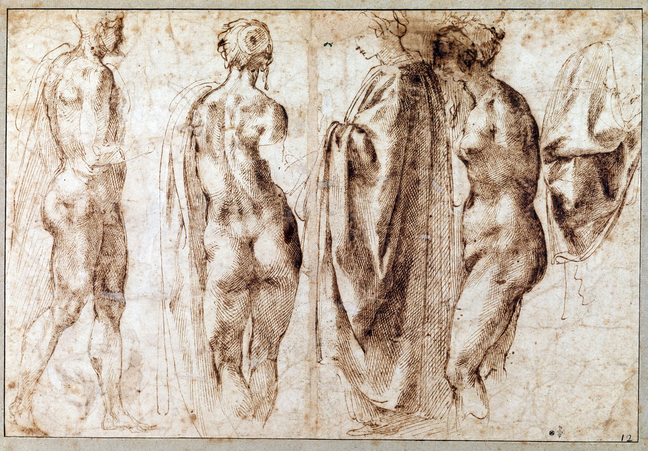 Gruppe på fire stående figurer og en drapere Tegning i pennen af Michelangelo Buonarroti dit Michelangelo (Michelangelo eller Michel Ange af Michelangelo Buonarroti