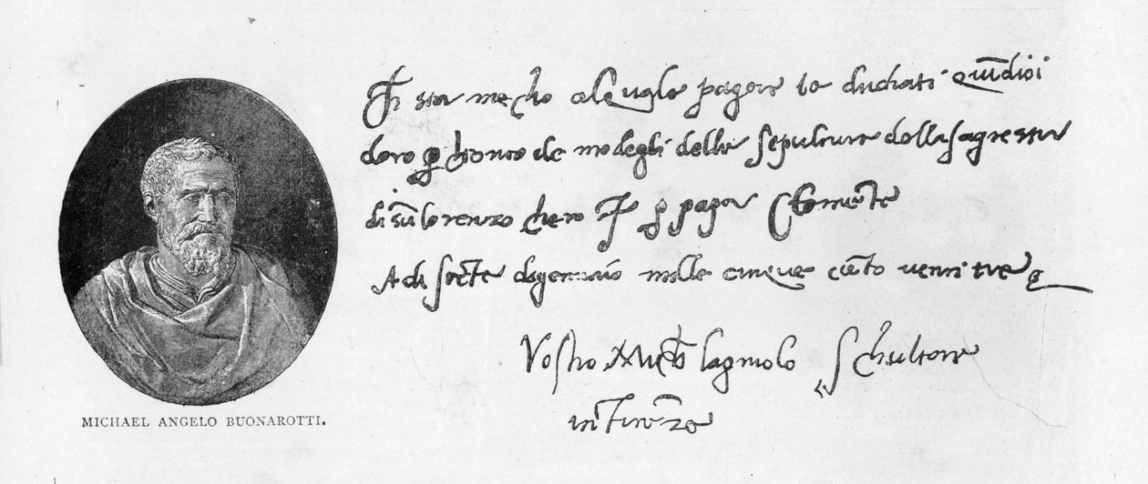 Håndskrift og underskrift af Michelangelo Buonarroti (pen og blæk på papir) af Michelangelo Buonarroti