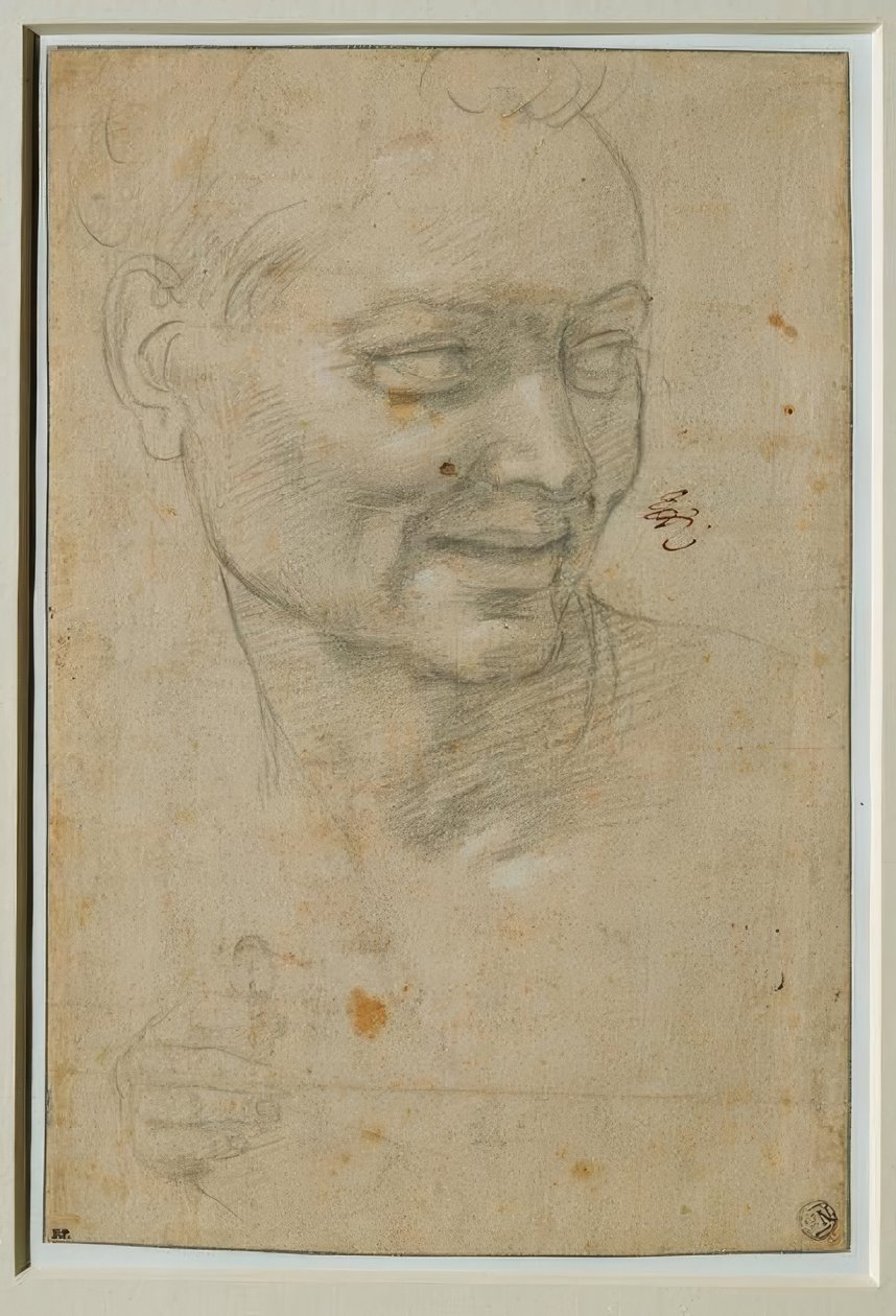 Hoved og højre hånd af Ignudo over og til venstre for Esajas af Michelangelo Buonarroti