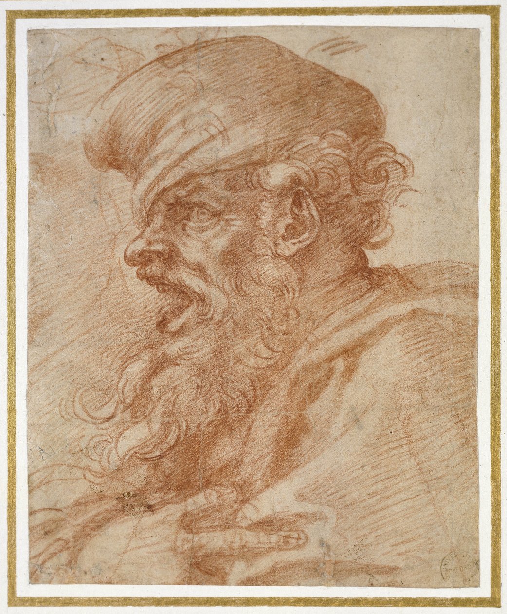 Hovedet af en skægget mand, der råber, ca. 1525 (rødt kridt på papir) af Michelangelo Buonarroti