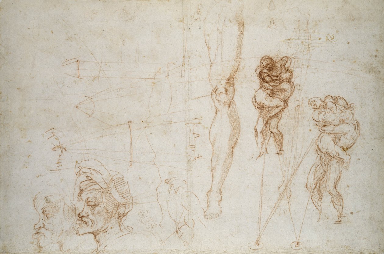 Herkules og Antaeus og andre studier, ca.1525-28 (kridt på papir) af Michelangelo Buonarroti
