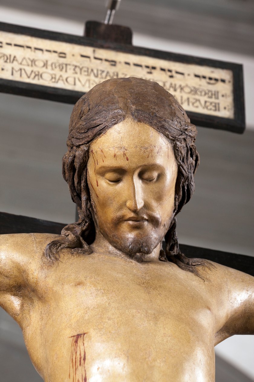 Helligåndskrucifiks, ca. 1493, af Michelangelo (1475-1564), detalje, skulptur i polykromt træ, sakristi af basilikaen Santo Spirito i Firenze - krucifiks. Renæssanceskulptur af Michelangelo Buonarroti dit Michel Ange (Michelangelo eller Michela af Michelangelo Buonarroti