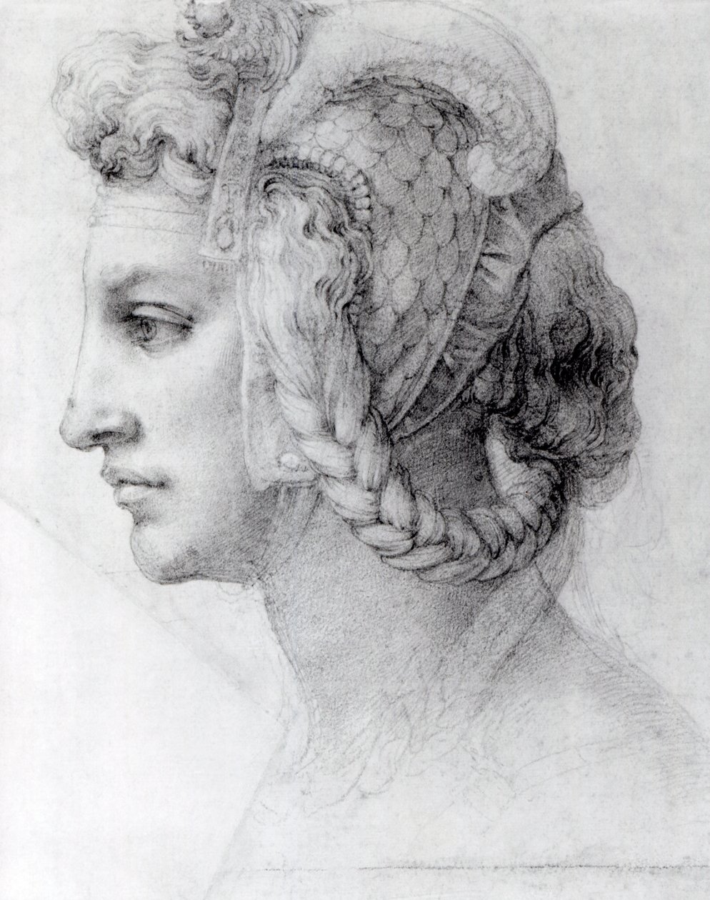 Ideelt kvindehoved, ca.1525-28 (sort kridt på papir) af Michelangelo Buonarroti