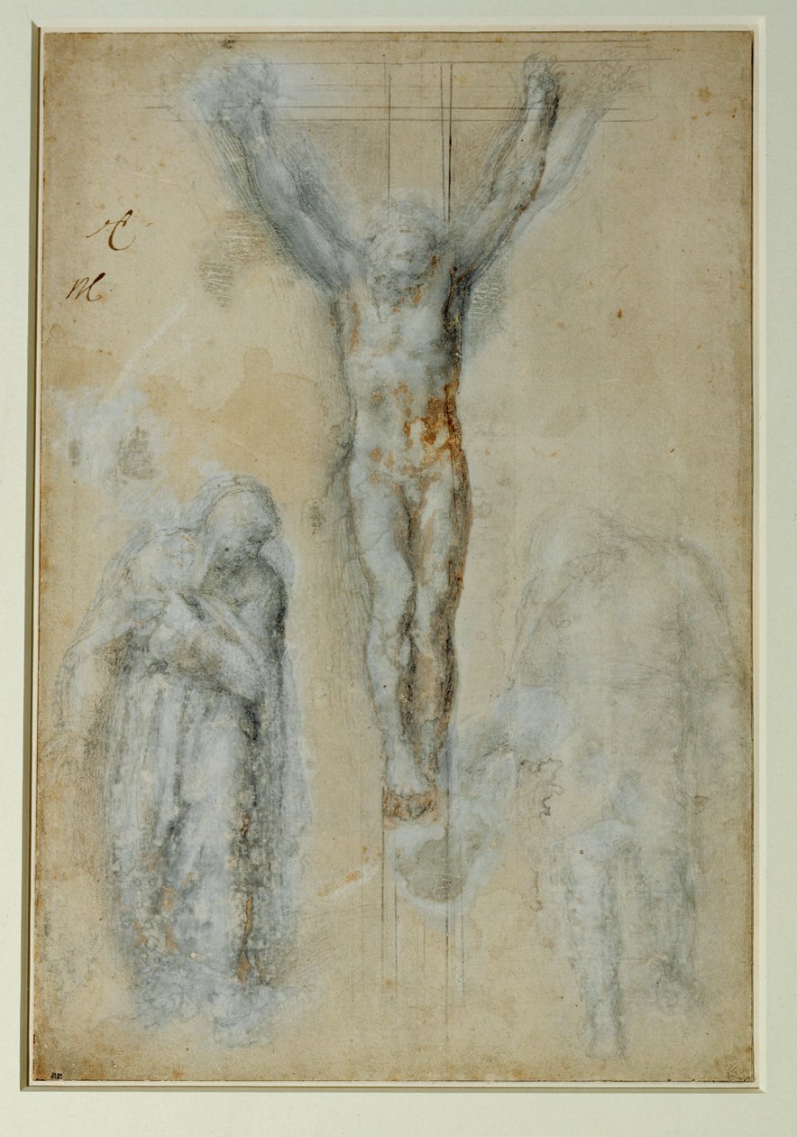 Kristus på korset mellem Jomfru Maria og Sankt Johannes, sort sten med brun vask og hvid ... af Michelangelo Buonarroti