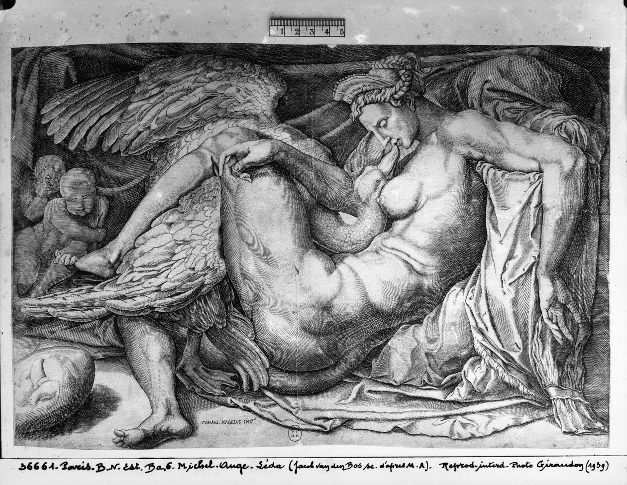 Leda, graveret af Jacobus Bos, Boss eller Bossius (f.c.1520) af Michelangelo Buonarroti