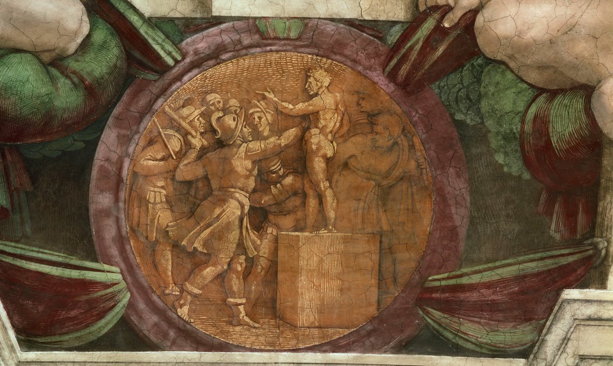 Medaljon repræsenterer ødelæggelsen af statuen af Gud Baal..., 1508-1512. af Michelangelo Buonarroti