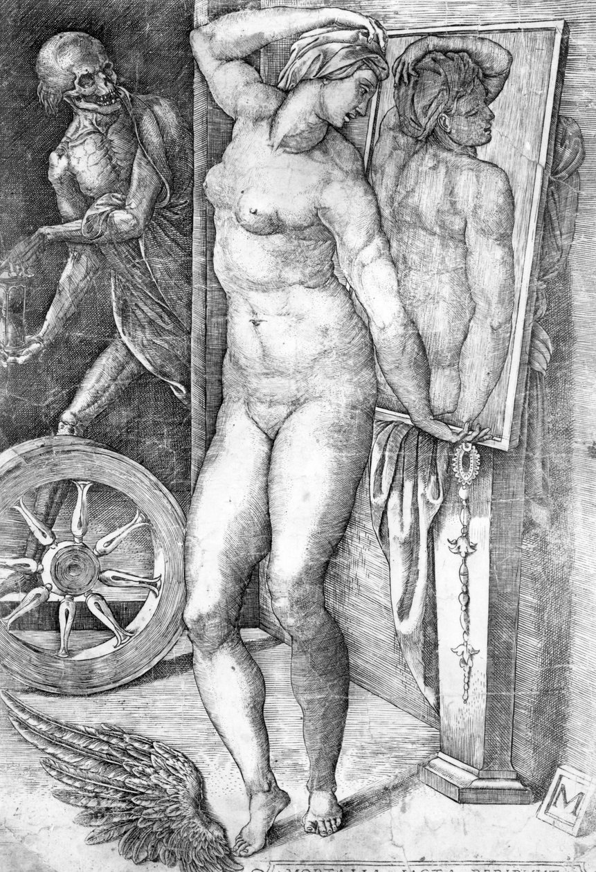 Nøgen ser på sig selv i et spejl, tryk lavet af Monogrammist af Michelangelo Buonarroti
