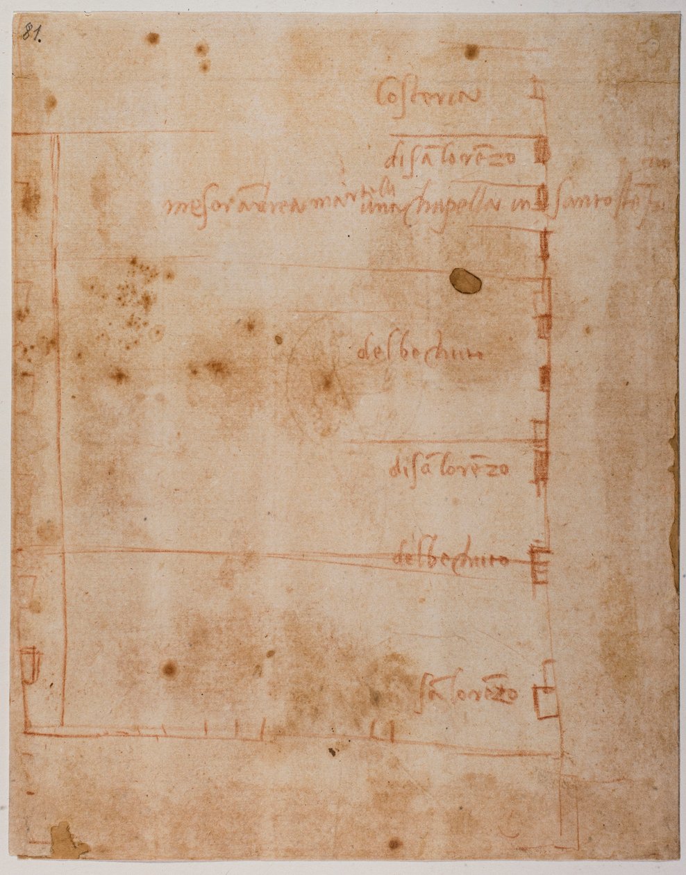 Plan over aktiver mellem piazzaen og Borgo San Lorenzo af Michelangelo Buonarroti
