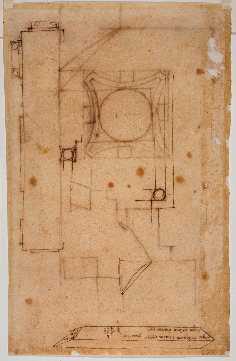 Udsnit af kapitæl, facadeplan og skitser med autograferede målangivelser af Michelangelo Buonarroti