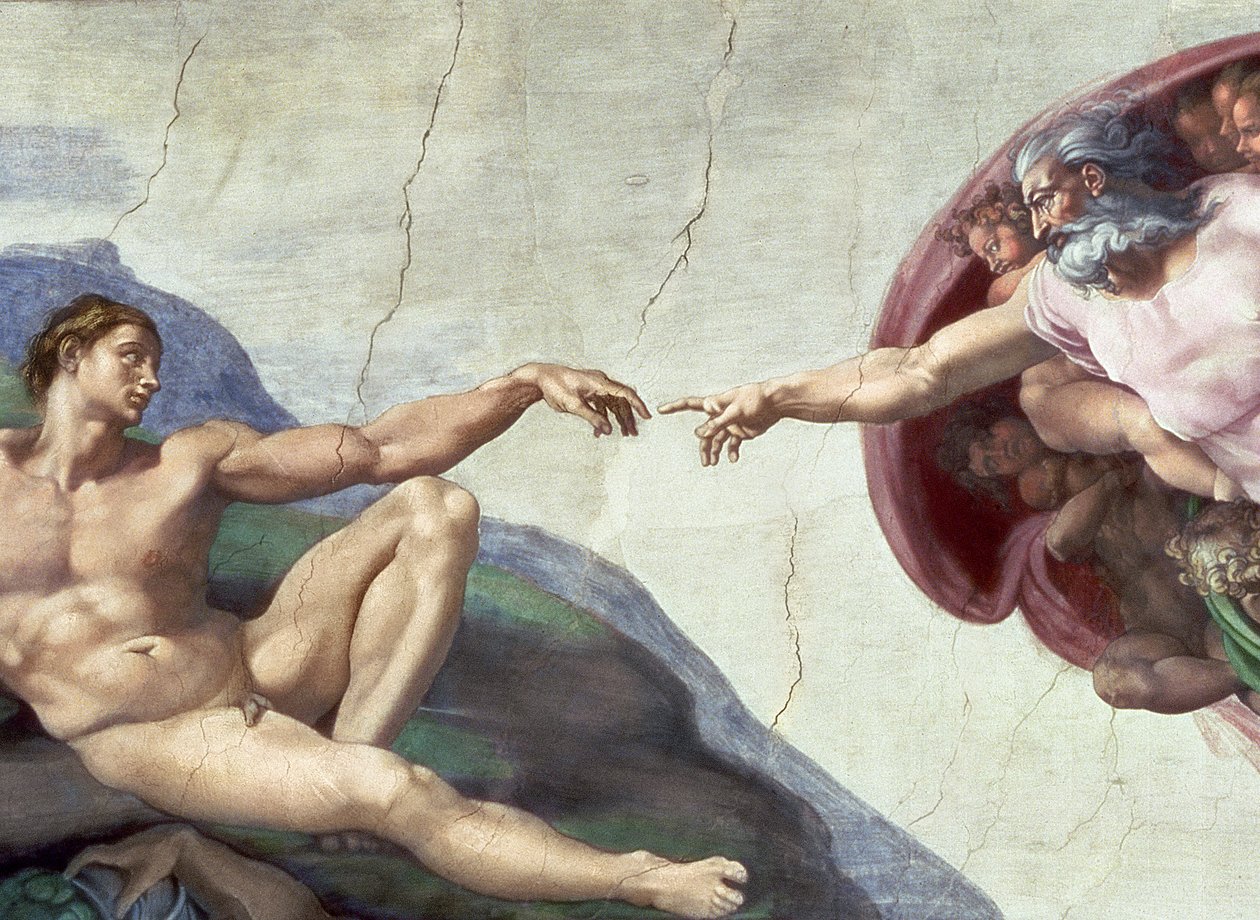Det Sixtinske Kapel Loft: Skabelsen af Adam, detalje af de udstrakte arme, 1510 fresko efter restaurering af Michelangelo Buonarroti