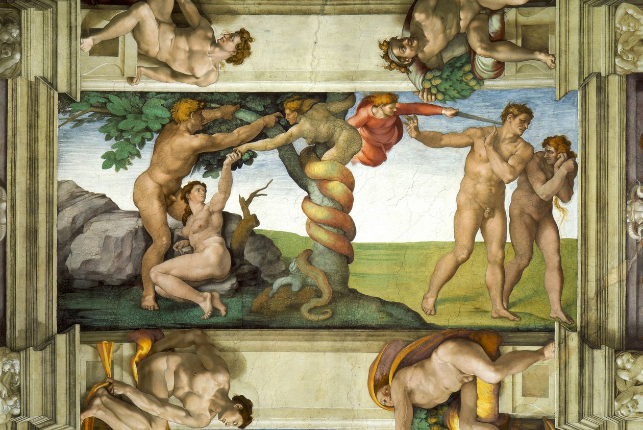 Det sixtinske kapel loft: Menneskets fald og fordrivelsen fra Edens have, med fire Ignudi af Michelangelo Buonarroti