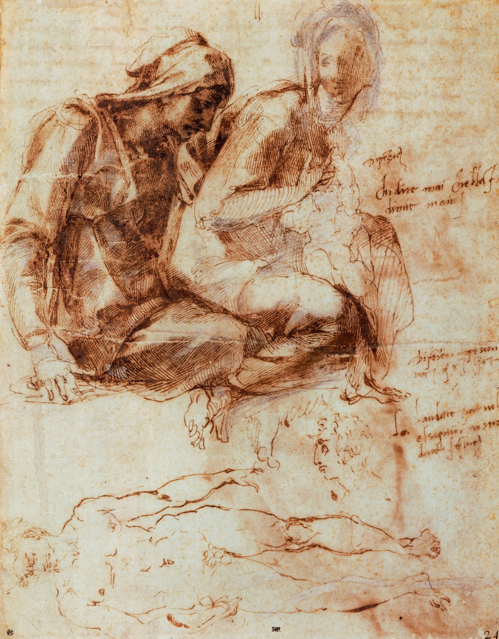 Sankt Anne og Madonna med barn, af Michelangelo (1475-1564), tegning af Michelangelo Buonarroti