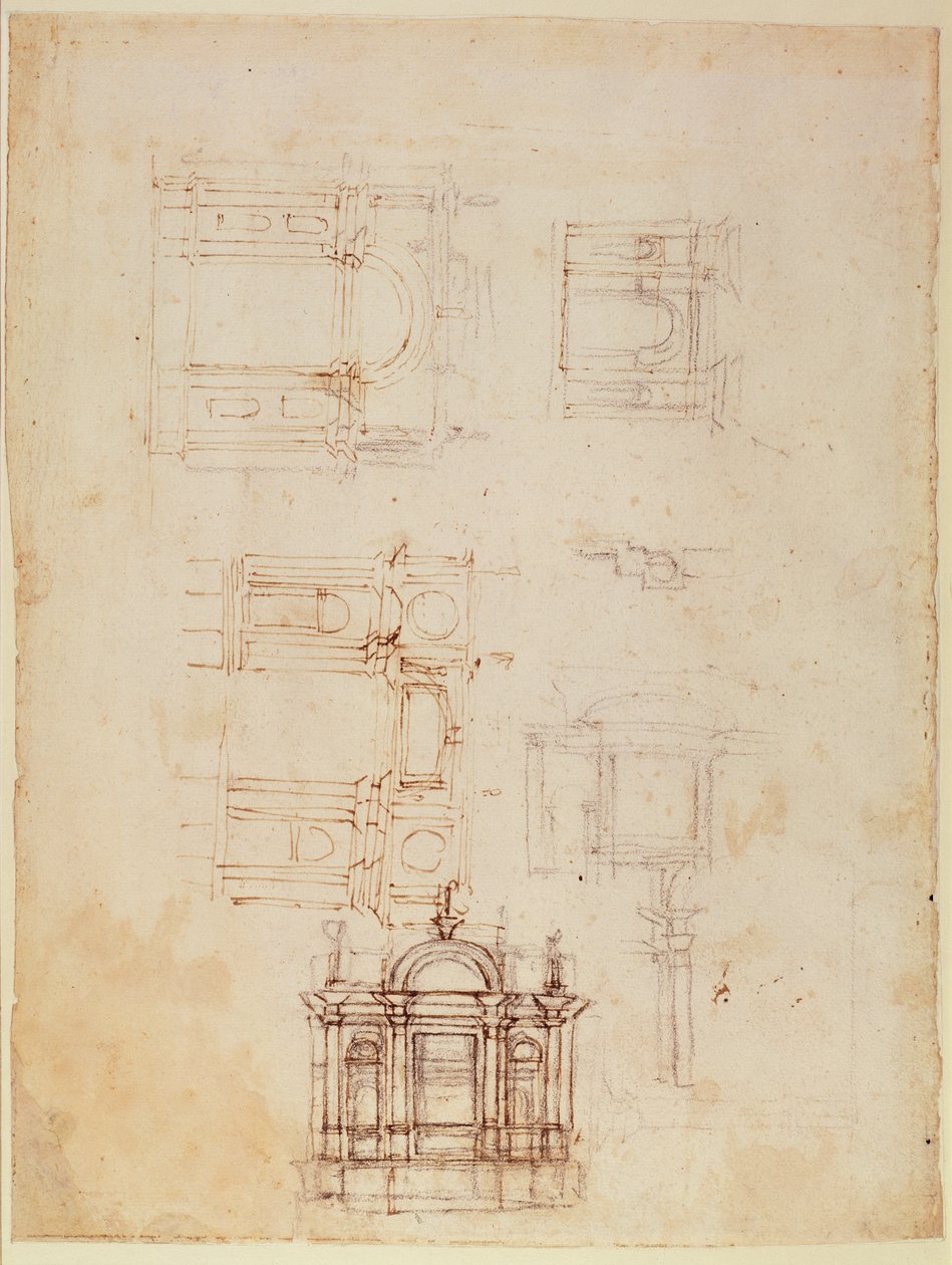 Studier til arkitektonisk komposition i form af en triumfbue, ca. 1516 (sort kridt med kuglepen og brunt blæk på papir) (recto) (omvendt se 191776) af Michelangelo Buonarroti
