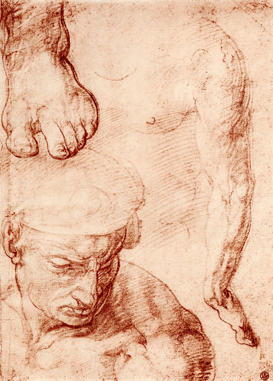 Studier til figuren af korsbæreren i den sidste dom, Det Sixtinske Kapel, Rom, 1913 af Michelangelo Buonarroti