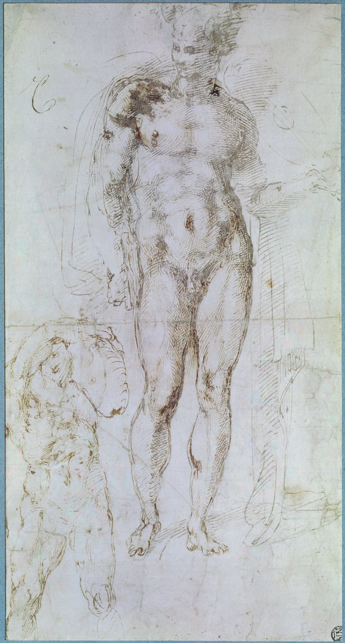 Studie for Apollo (tidligere Mercury) stående nøgen med en kappe draperet over skuldrene og figuren af en mand, der bærer en byrde af Michelangelo Buonarroti