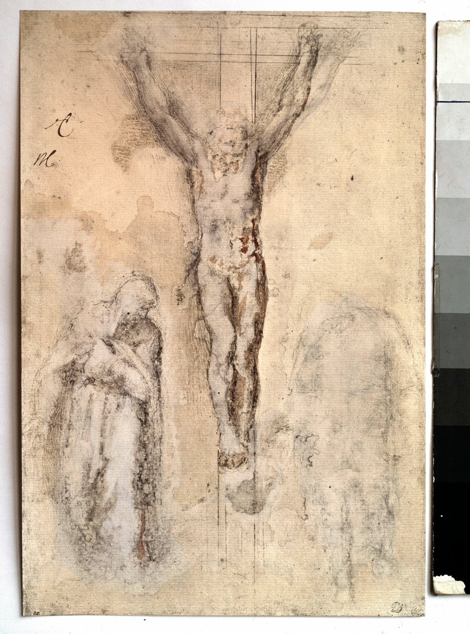 Studie til en korsfæstelse Repræsentation af Kristus på korset med Jomfruen og Sankt Johannes. Tegning af Michelangelo Buonarroti dit Michelangelo (Michelangelo eller Michel Ange af Michelangelo Buonarroti
