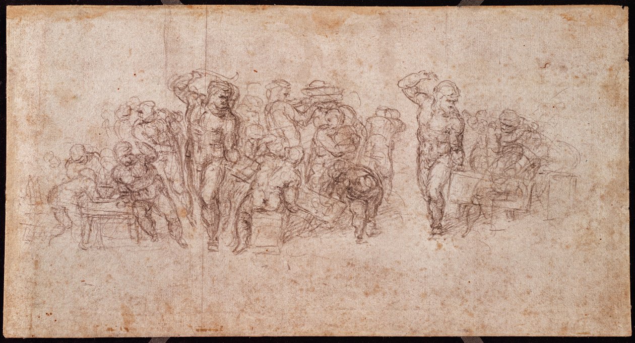 Studie af figurer til en fortællende scene (sort kridt på papir) (recto) (for omvendt se 191764) af Michelangelo Buonarroti