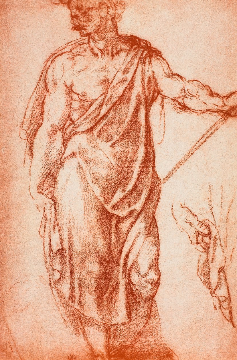 Studie af en draperet, viril figur; tegning af Leonardo da Vinci. Tegnestue, Uffiziernes Galleri, Firenze af Michelangelo Buonarroti