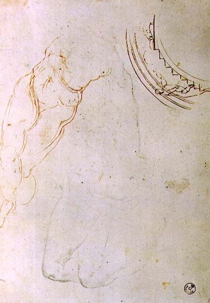 Studie af en liggende figur med krydsede ben og et design til en lunette, der viser en figur, der monterer en trappe (pen & blæk, kridt og kul på papir) af Michelangelo Buonarroti